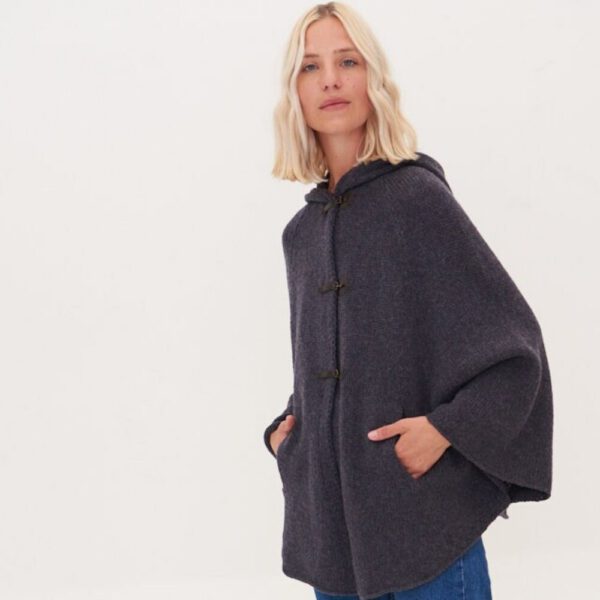 Plus Size Womens Merino Poncho, Woolen Poncho with Hoodie, Knitted Gray Warm Poncho DROP